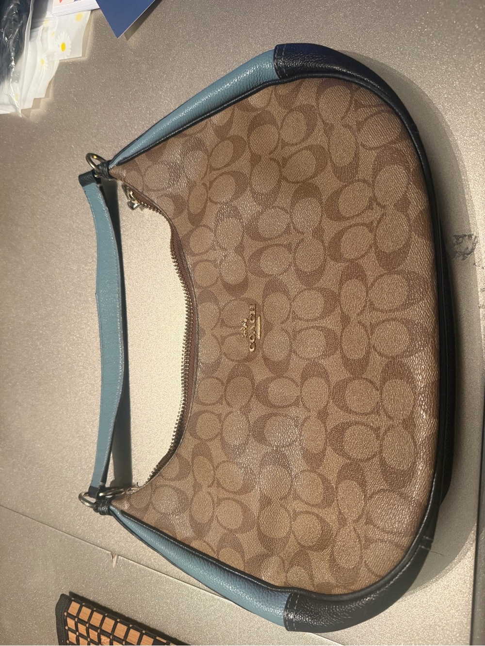 Coach Brown Signature Canvas Shoulder Bag with Light Blue Trim